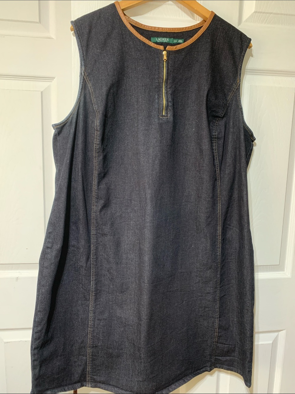 Lauren Ralph Lauren Black Denim Sleeveless Shift Dress with Tan Trim